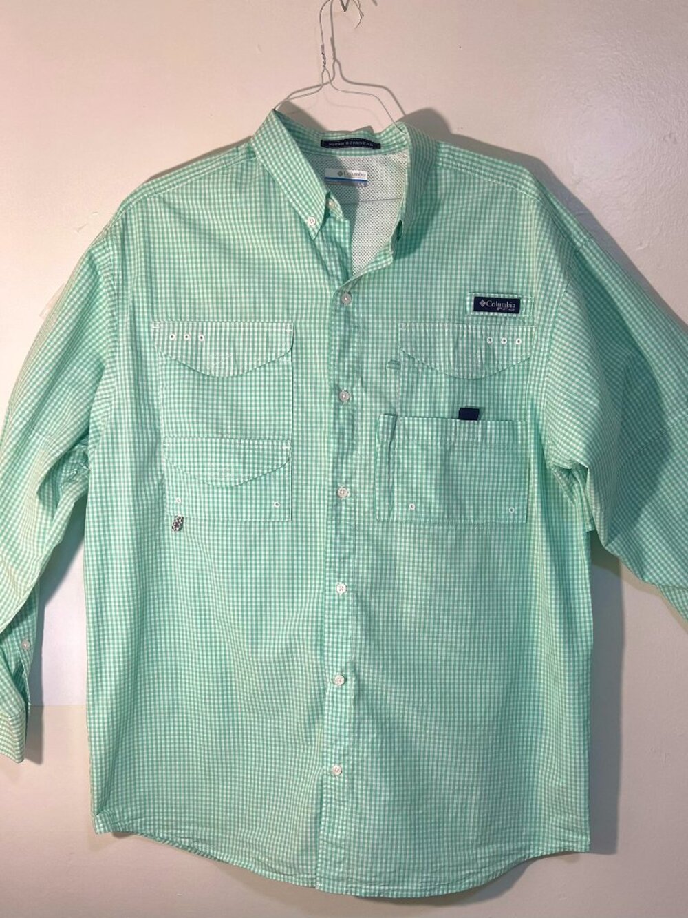 "Columbia" Size "L" Bonehead PFG Long Sleeve Vented Shirt - Light Green Gingham